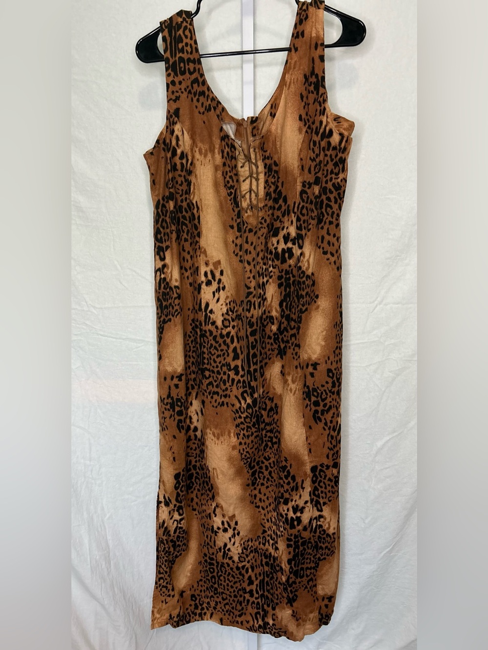 Vintage Carolina Colours Linen Blend Leopard Lace Up Maxi Dress 18 misses
